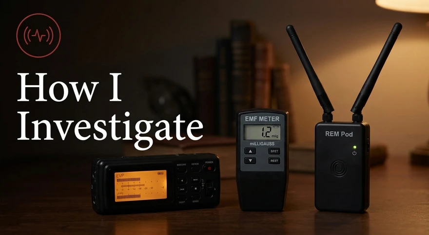 A table laid out with paranormal investigation instruments, including an EVP recorder, an EMF reader, and a REM Pod